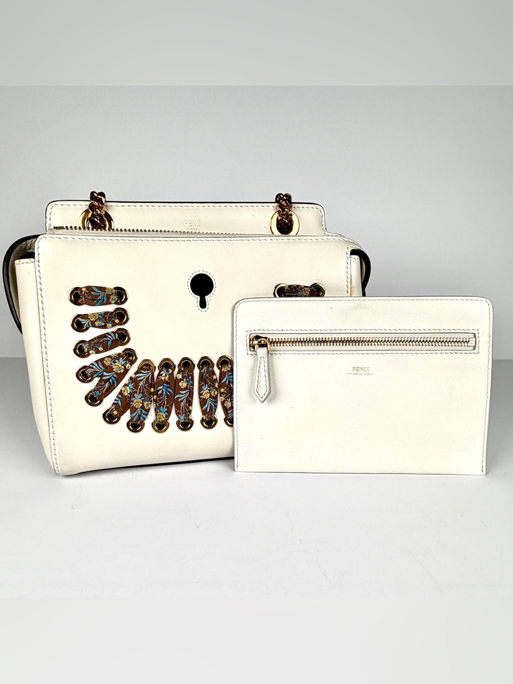 Fendi White Leather & Lace DotCom Chain Shoulder Bag Excellent Full Inclusion - Picture 11 of 15